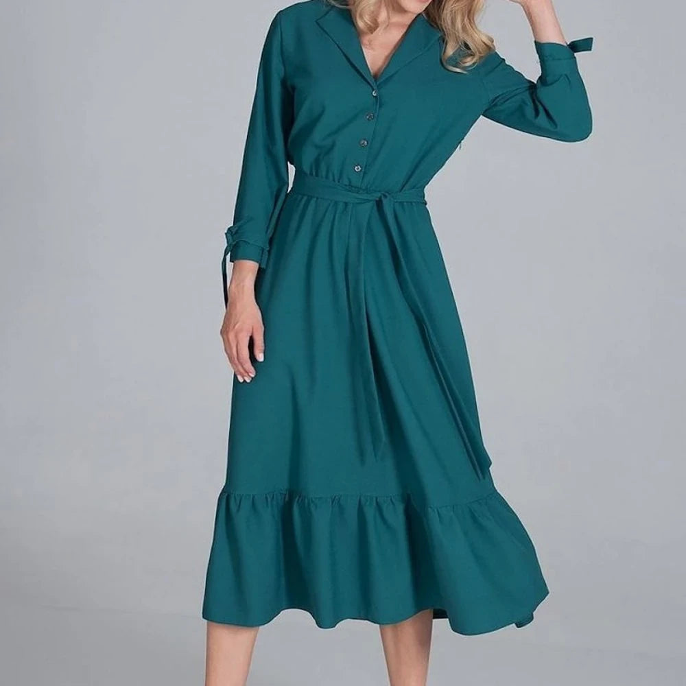 Maxi Dress Ruffle Hem V-Neck Buttoned