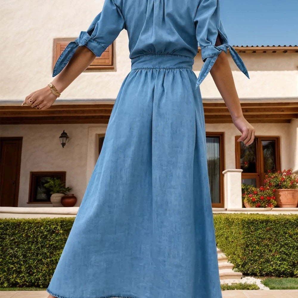 Denim Plunge Button Half Sleeve Dress