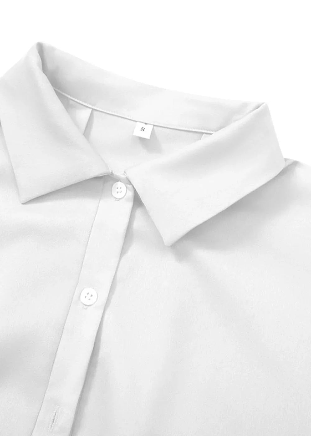 Close-up of a crisp white polyester collared shirt with visible buttons and an "S" size tag.