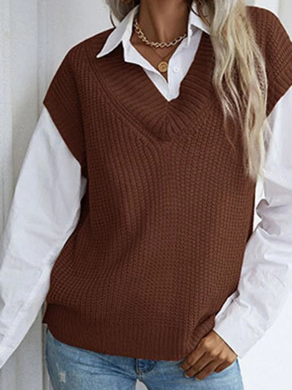 Brown textured knit v-neck vest over a white collared shirt, worn by a model.