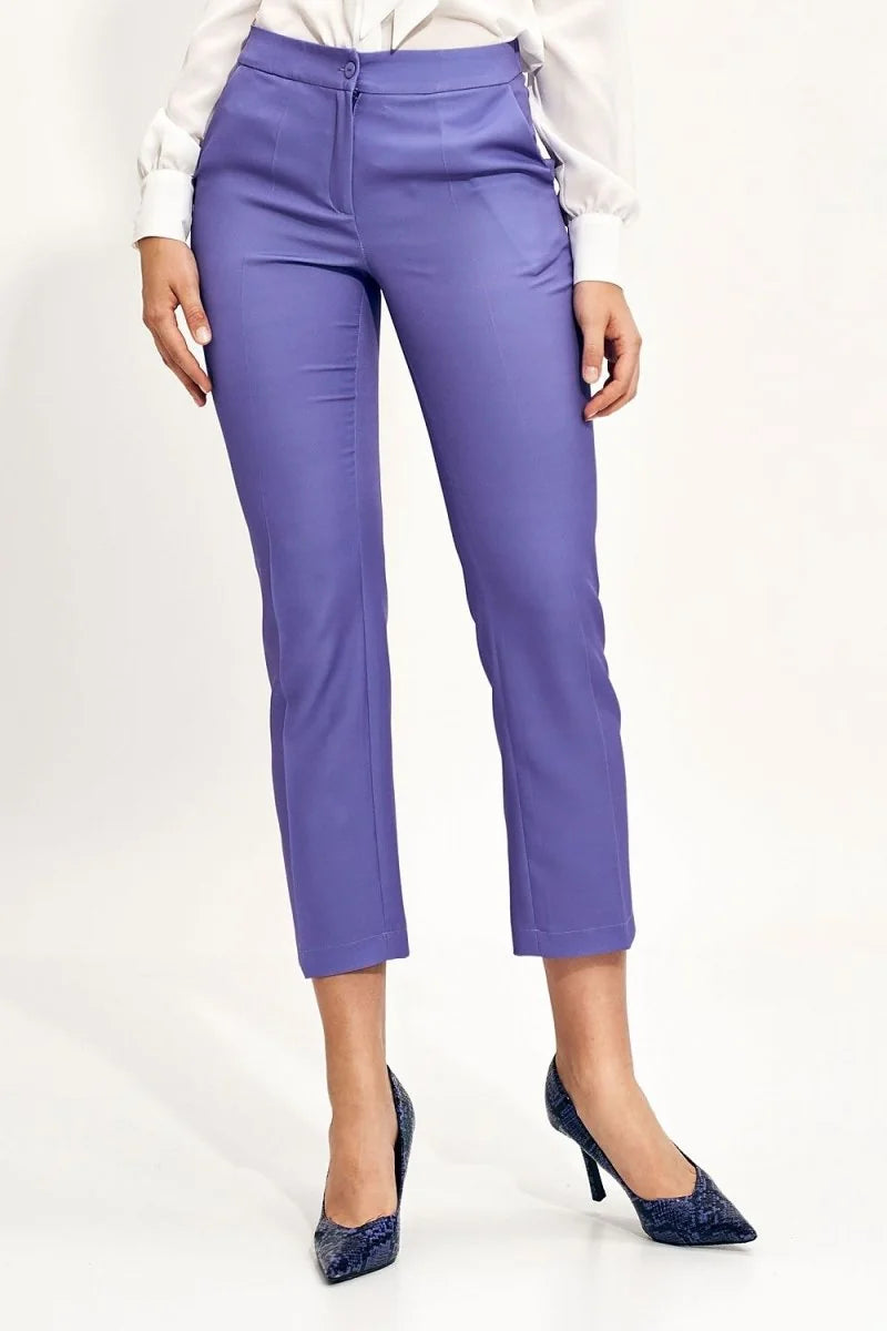 Lavender straight-leg dress pants with a regular fit, made of polyester and spandex.
