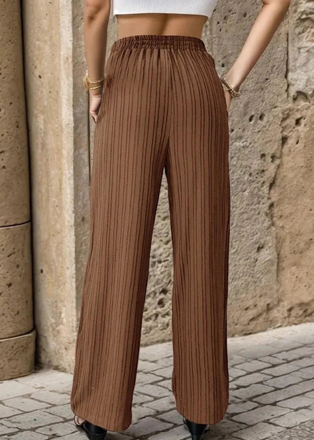 Brown textured wide-leg pants with a vertical stripe detail, shown from the back on a model.