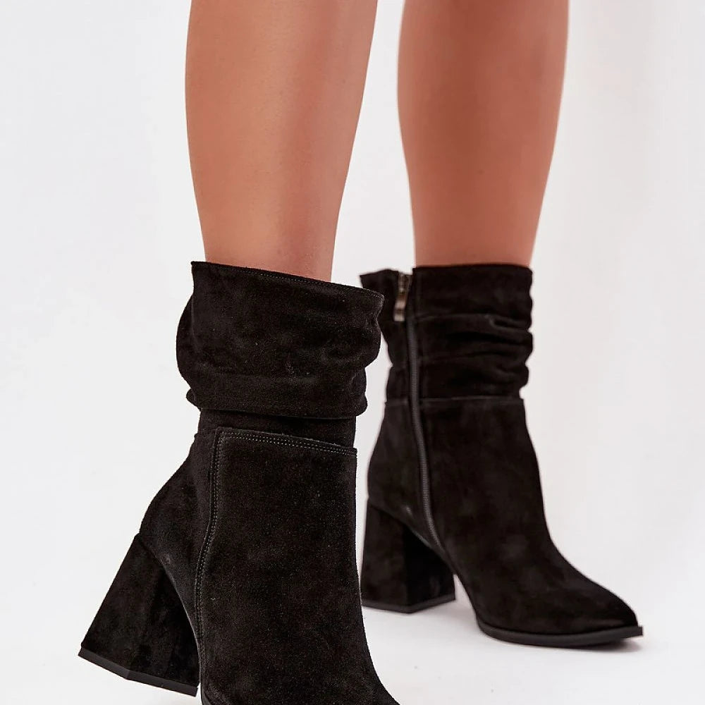 Women's Black Suede Ankle Boots with Block Heel