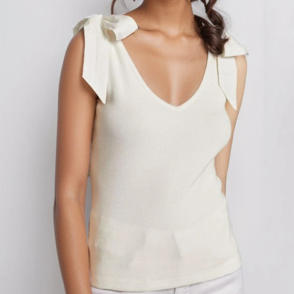 Tan V-Neck Tie Shoulder Tank