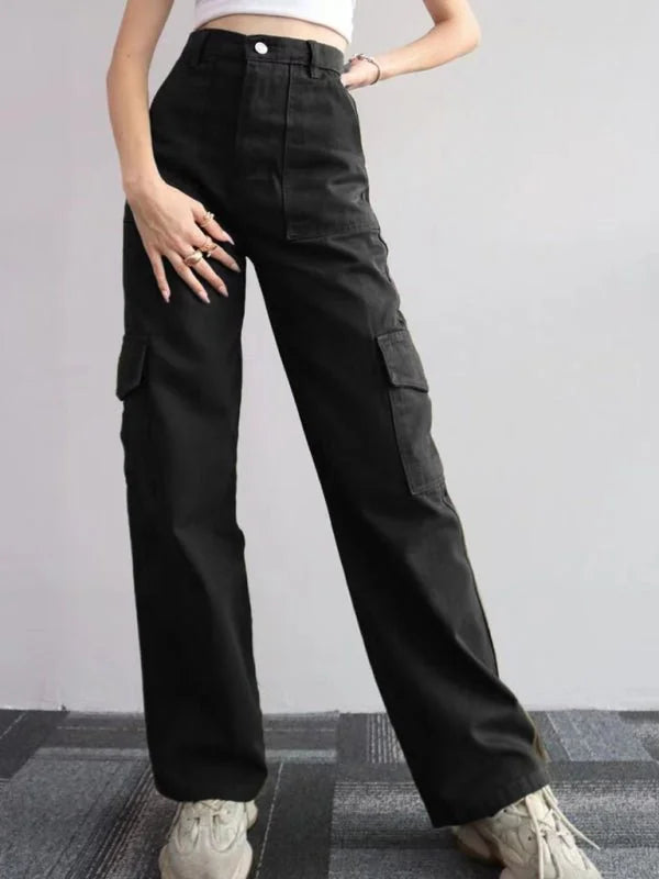 Black relaxed fit cargo pants with button and zip closure, detailed with front and side pockets.
