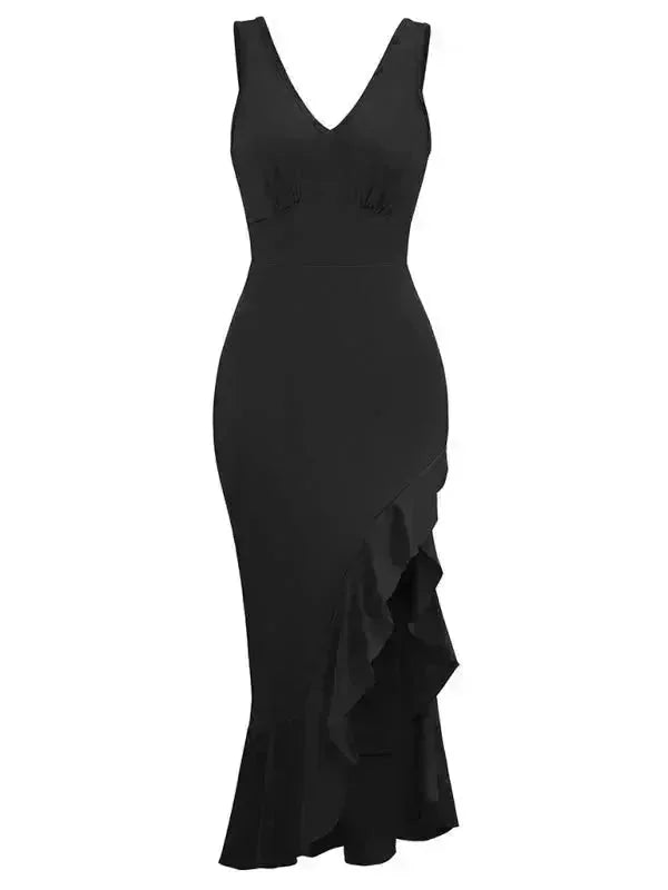Sleek black V-neck dress with ruffled hem and asymmetrical ruffle detail.