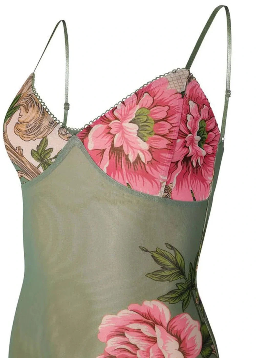 Green sheer slip dress with vibrant pink floral print and delicate lace trim.