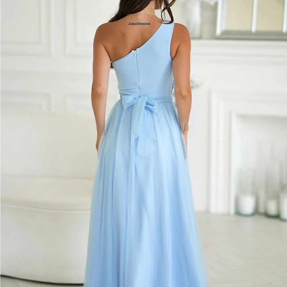 Blue Tulle Maxi Dress with Slit