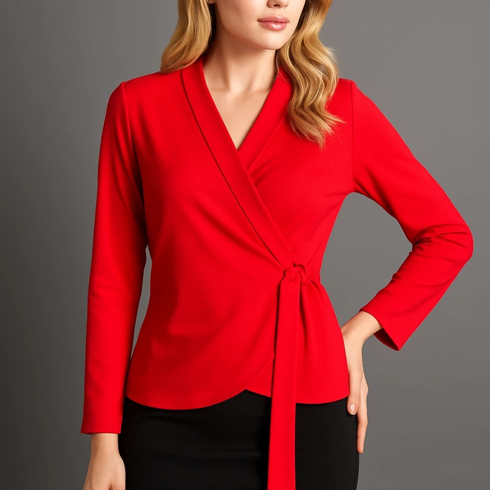 Red Tie Waist Blouse with Long Sleeves
