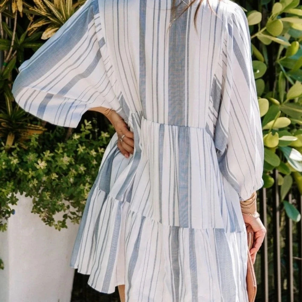 Striped Tie Neck Batwing Sleeve Dress