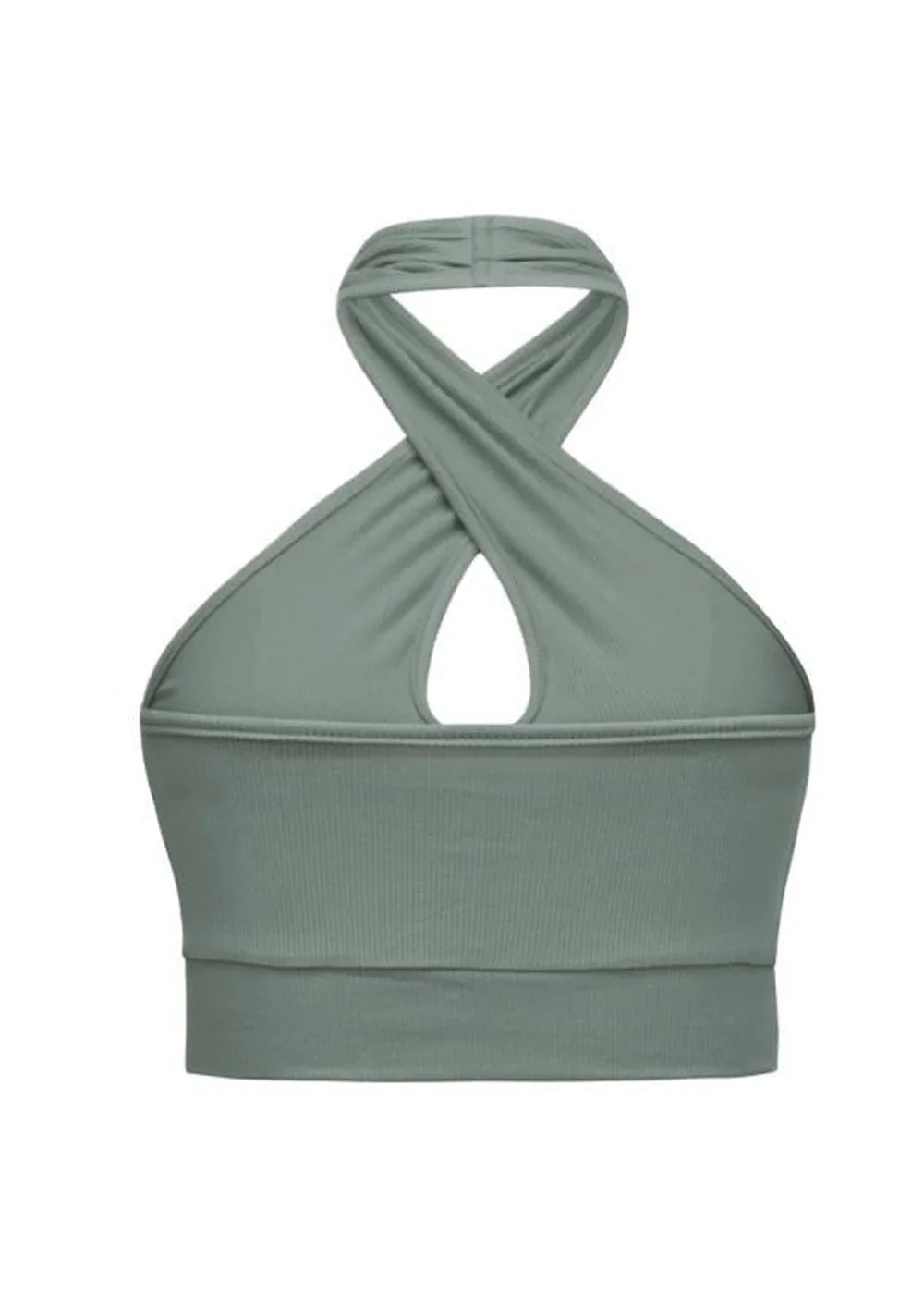 Sage green halter crop top with a cutout and ribbed texture.