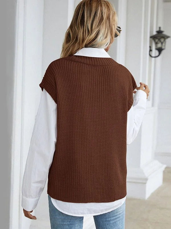 Brown knitted vest over a white collared shirt, showing the back on a model.
