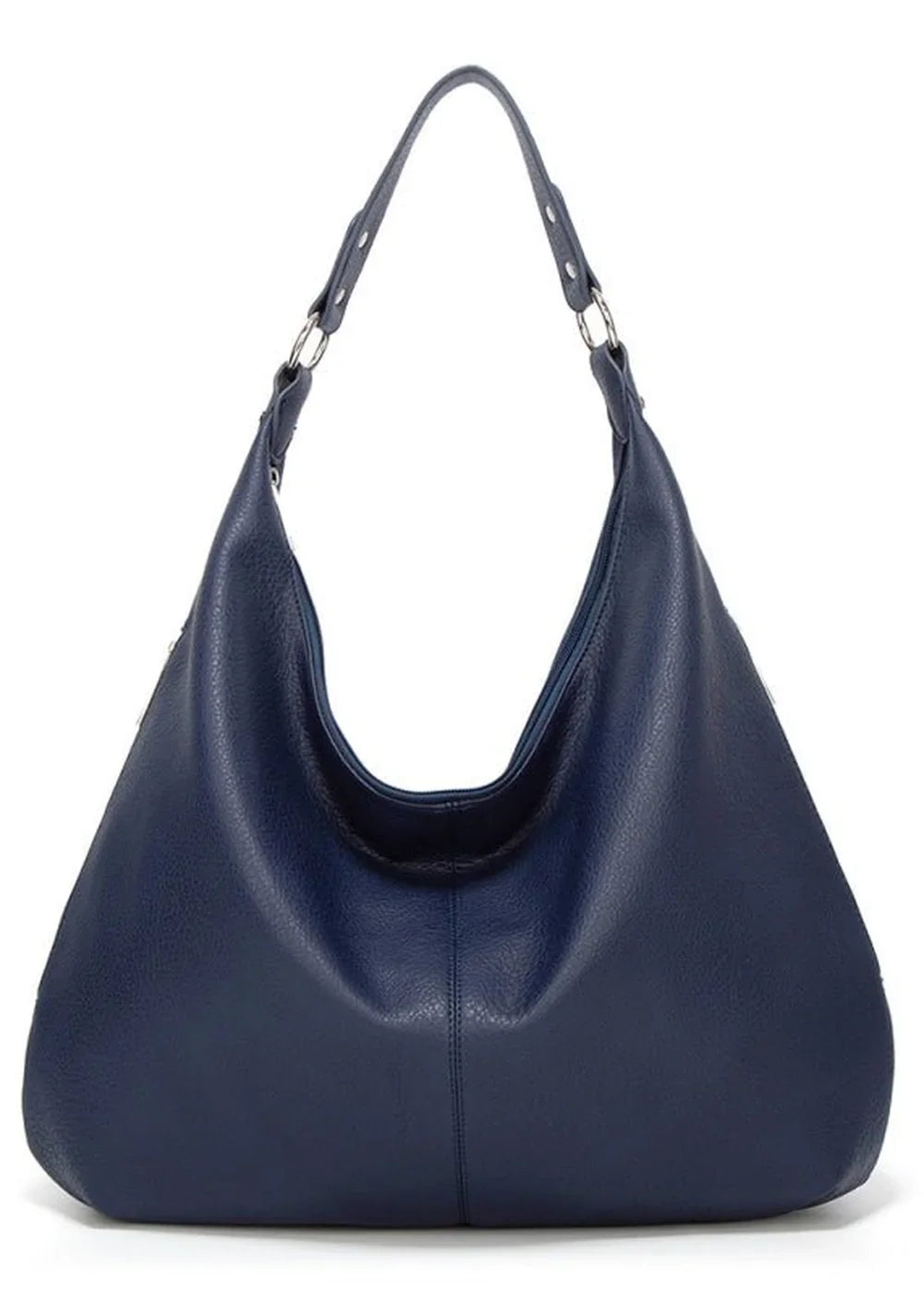 Navy blue hobo bag with silver hardware and a soft, textured leather-like finish.