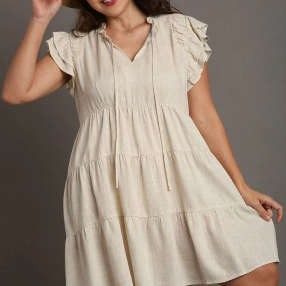 Umgee Full Size Linen A-line Tiered Mini Dress Plus Size
