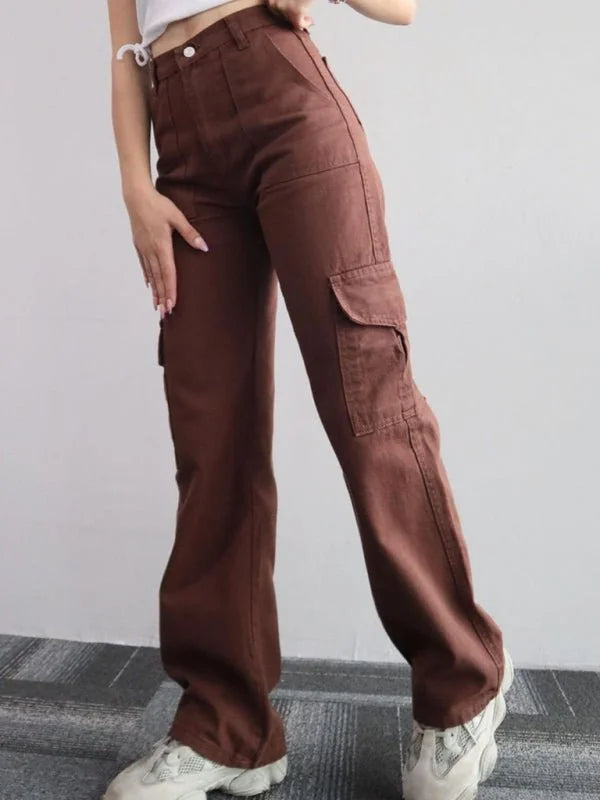 Relaxed fit brown cargo pants with a textured cotton and polyester blend, shown on a model.