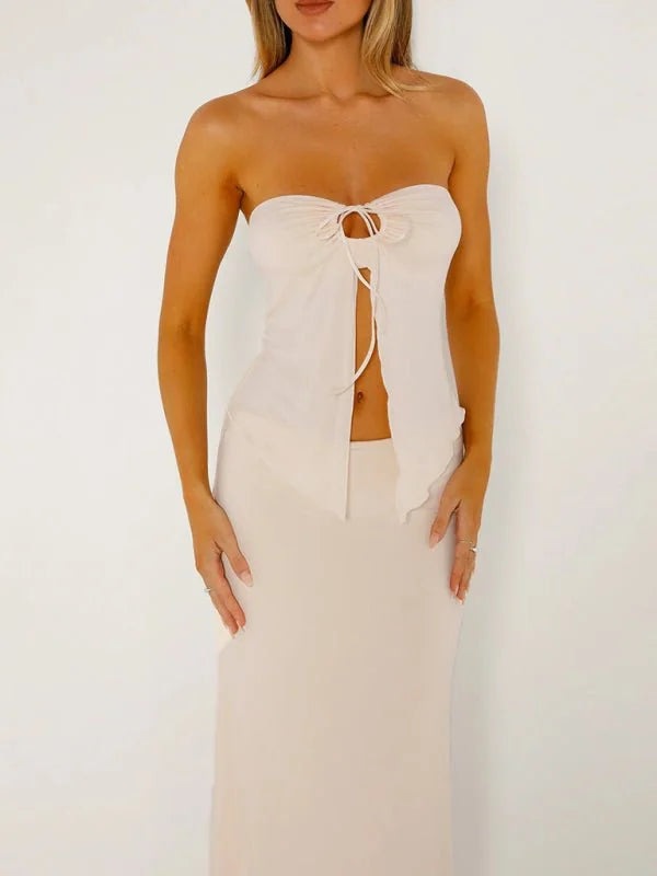 Cracker khaki sleeveless tube top and mesh slit skirt suit
