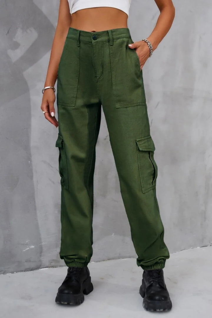 Army green high waist jeans with pockets