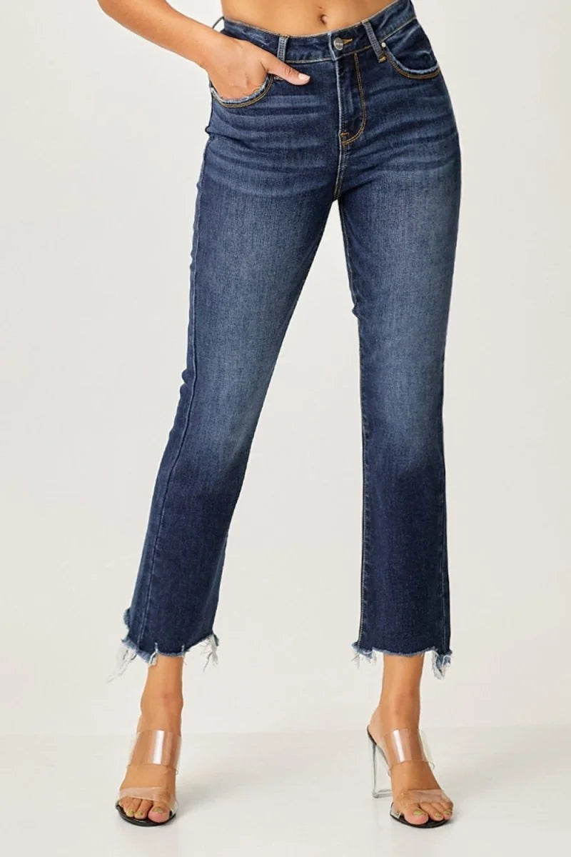 Dark wash frayed hem cropped straight jeans