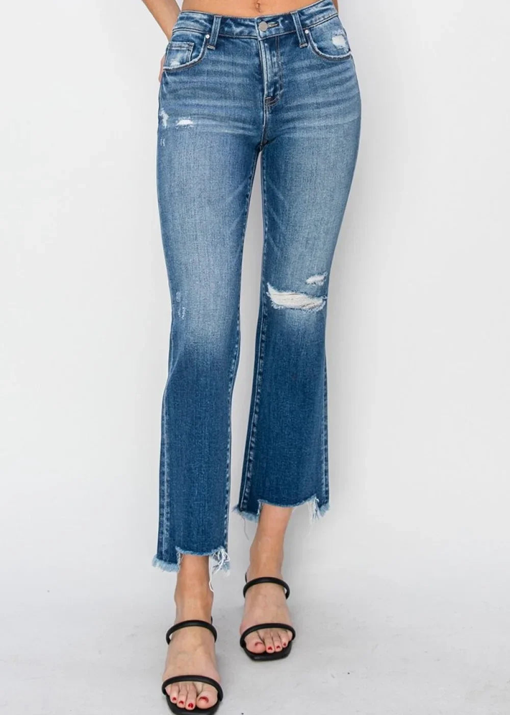 Light wash high rise frayed hem flare jeans