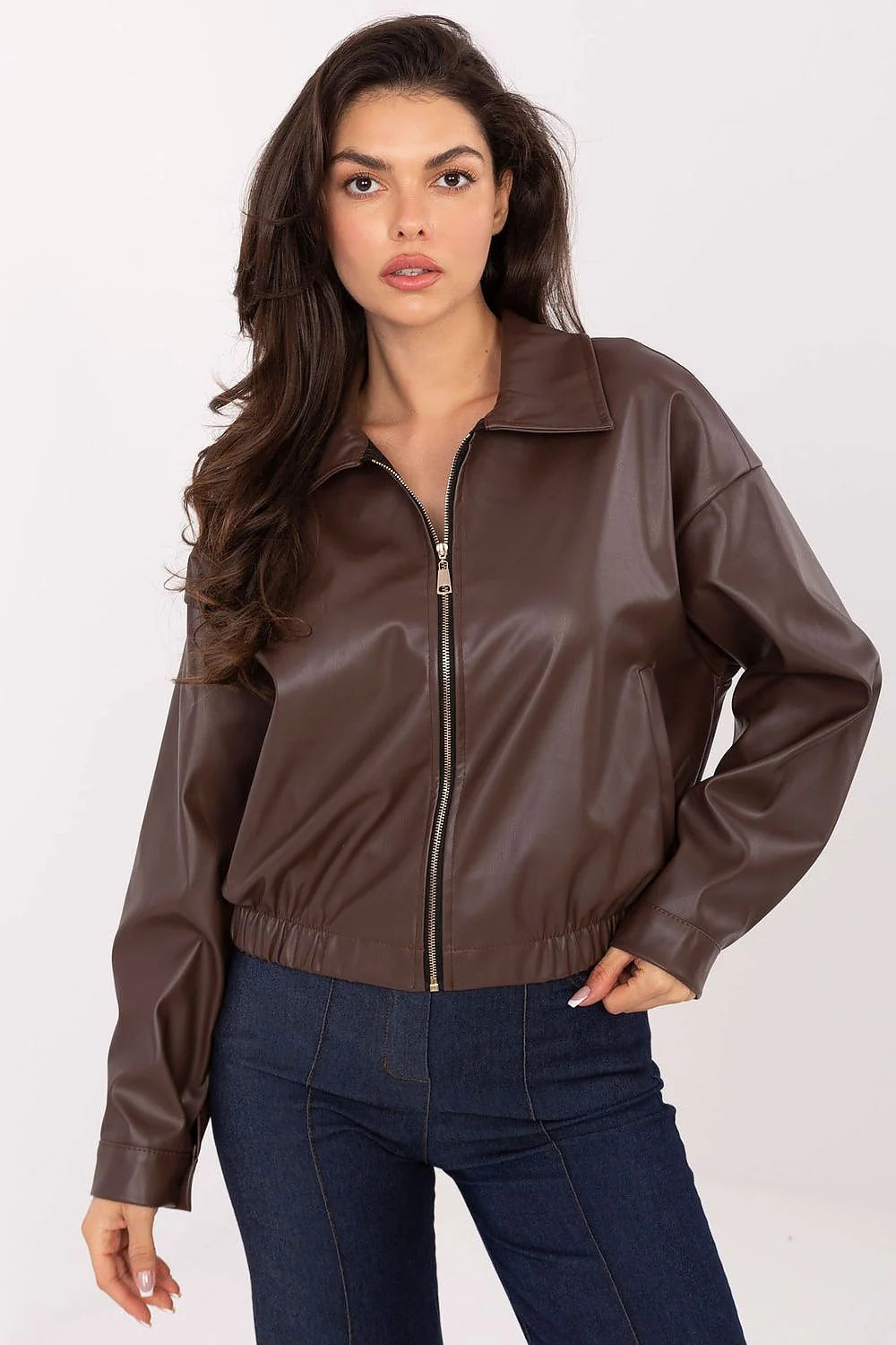 Brown eco leather jacket with wide collar