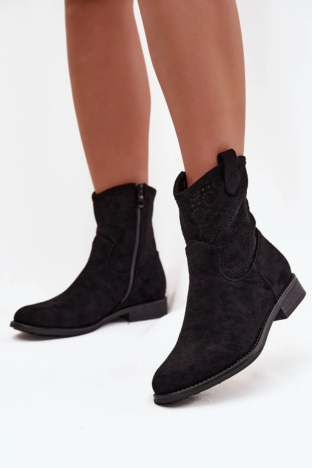 Black Eco Suede Ankle Boots with Lace Detail