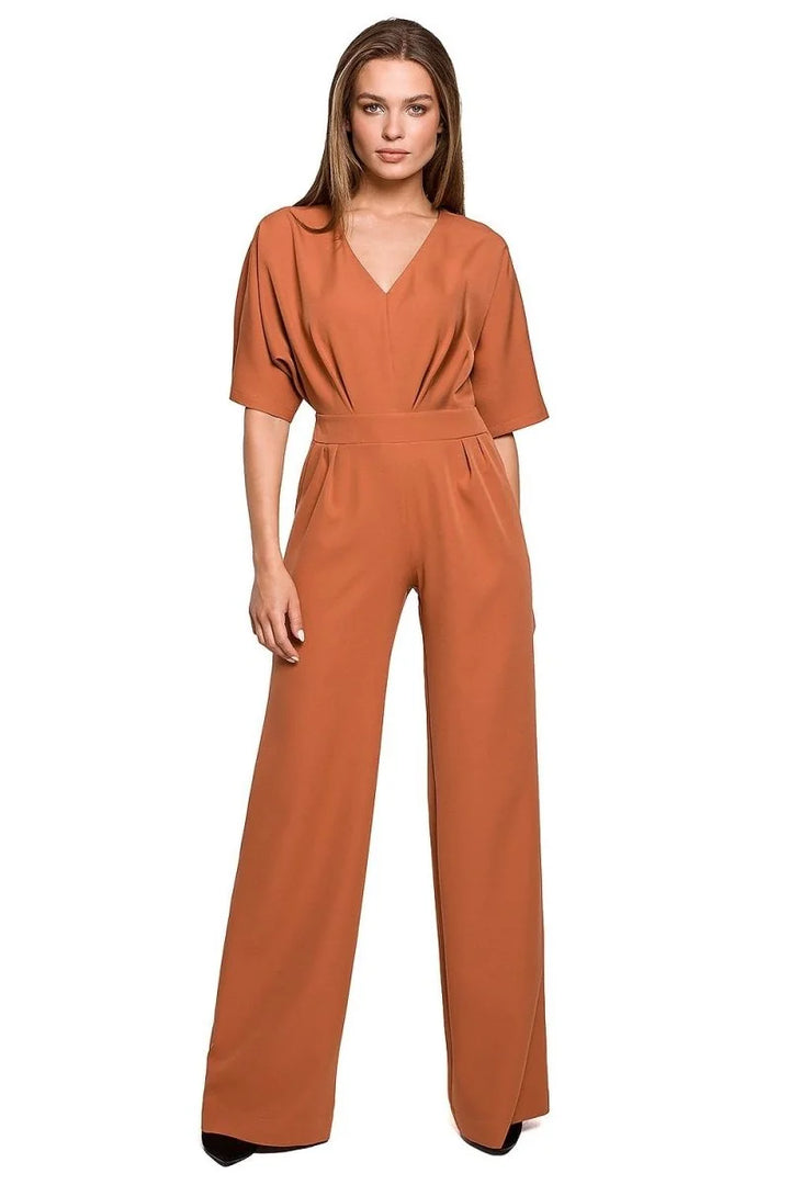 Brown wide leg jumpsuit with batwing sleeves
