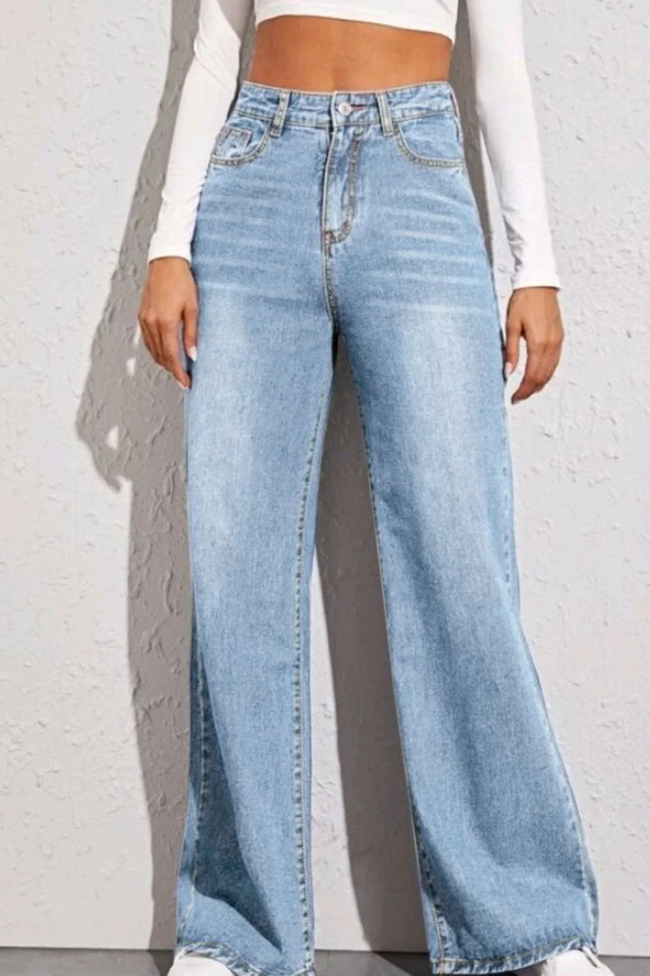 Dusty blue high waist wide leg jeans