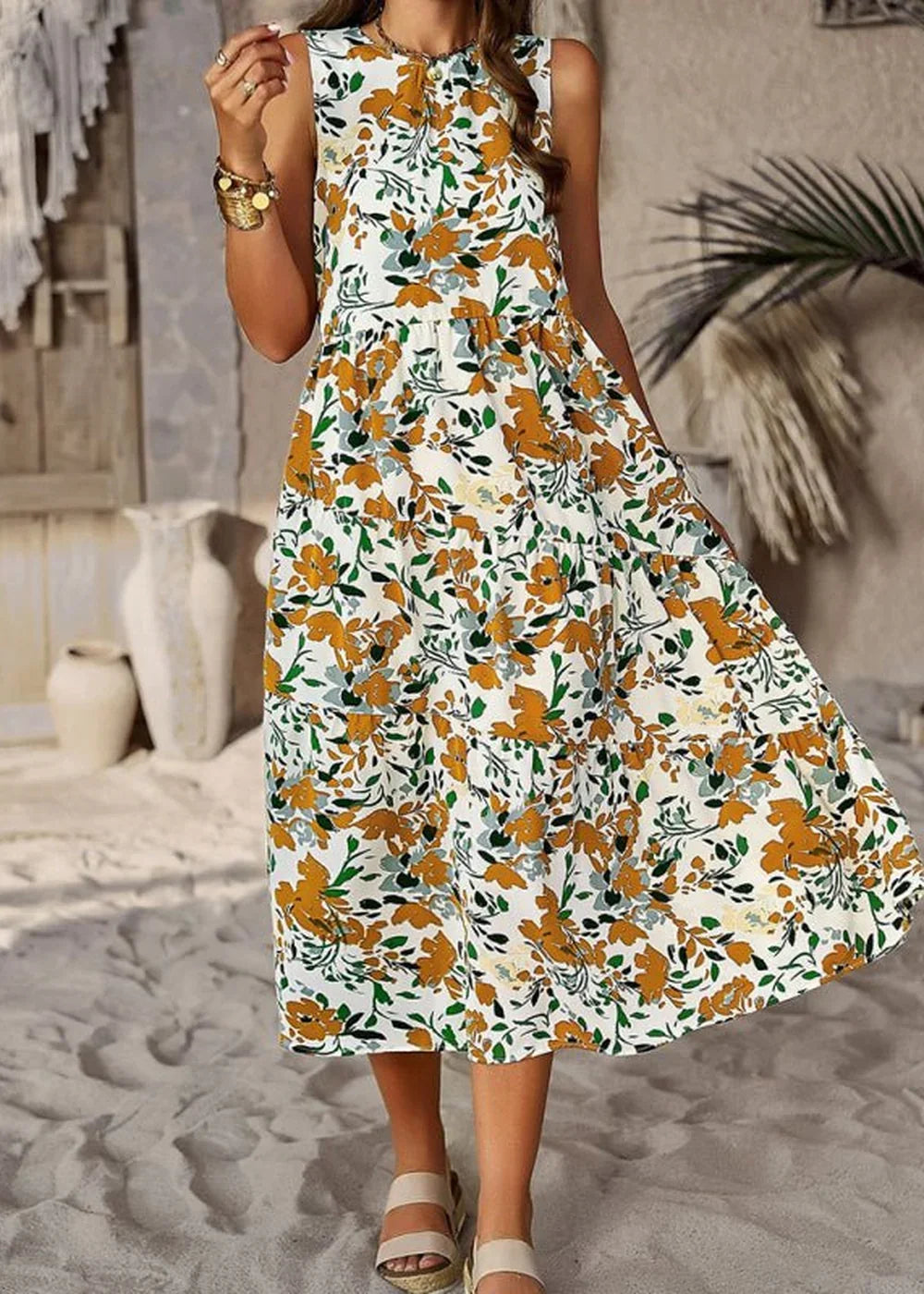 Cracker khaki women's floral print halter neck midi dress