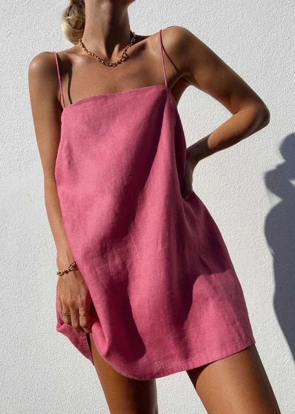 Pink cotton linen suspender dress