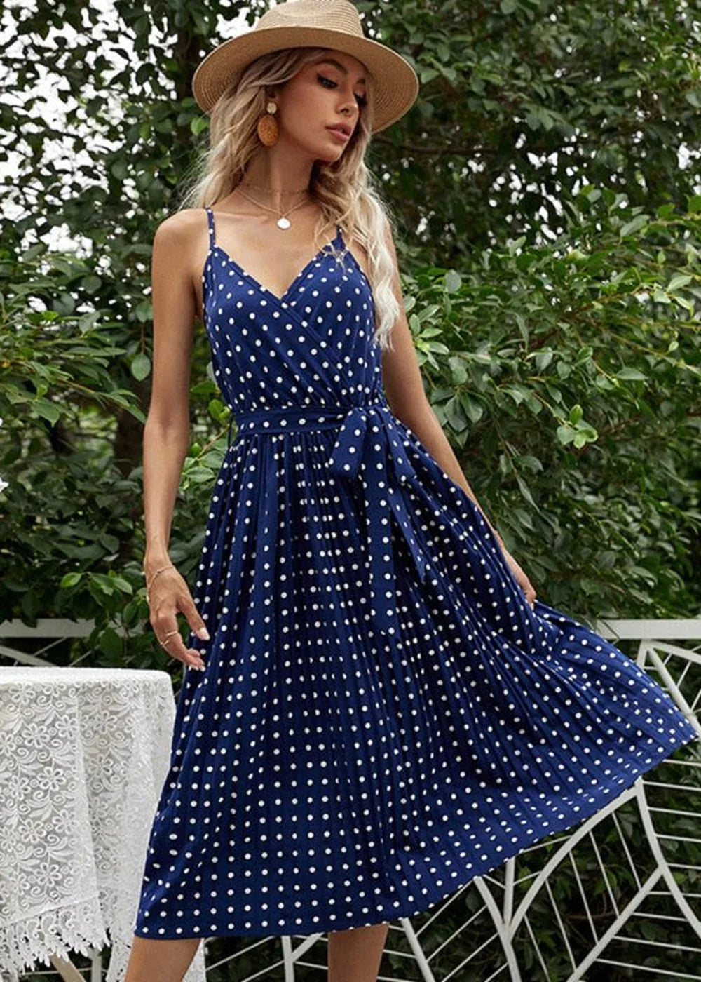 Champlain color polka dot slip dress with lace-up detail