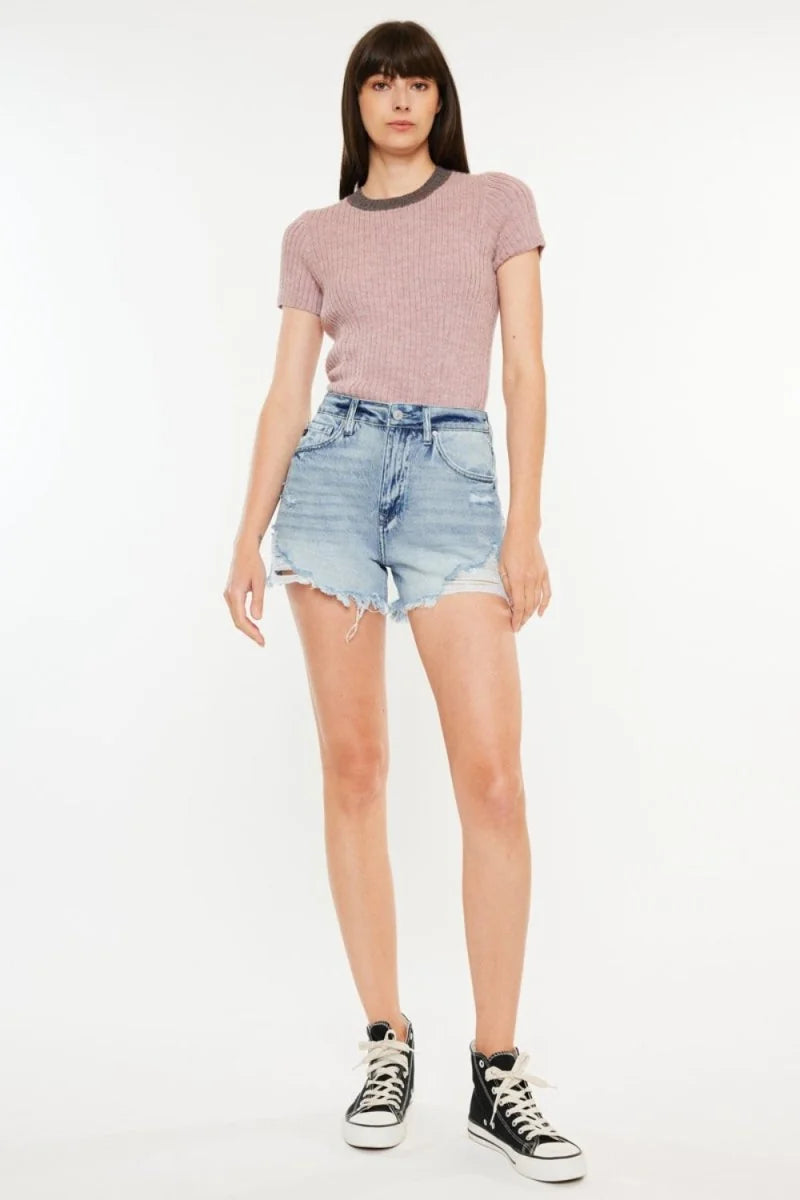 Distressed high waist denim shorts with pockets