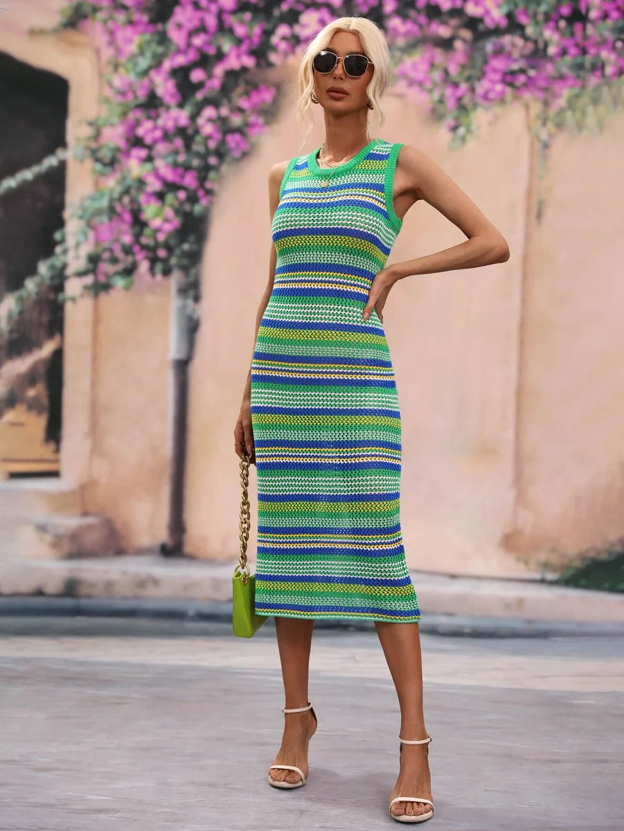 Green striped round neck sleeveless midi cover up dress