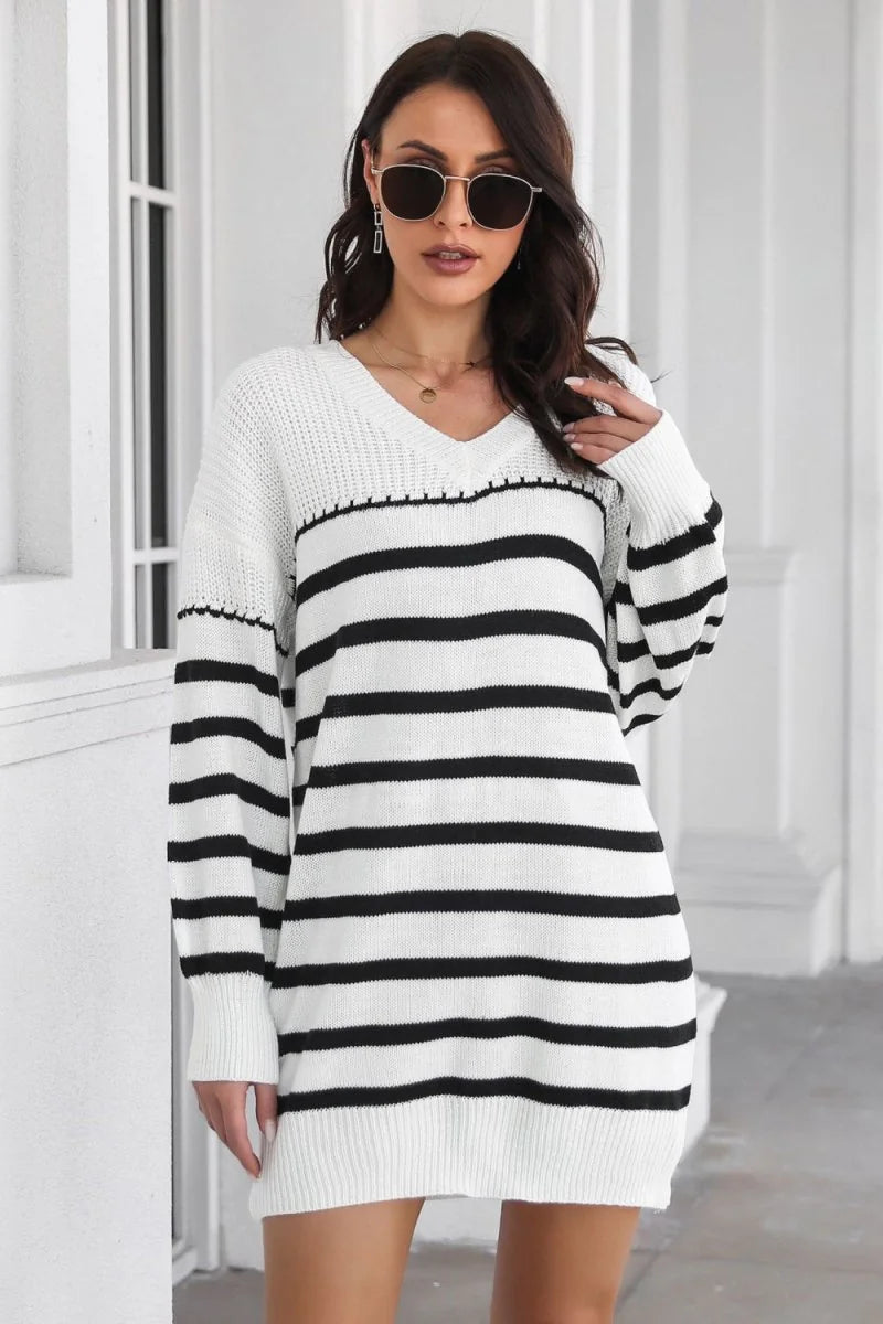 White striped V-neck sweater dress