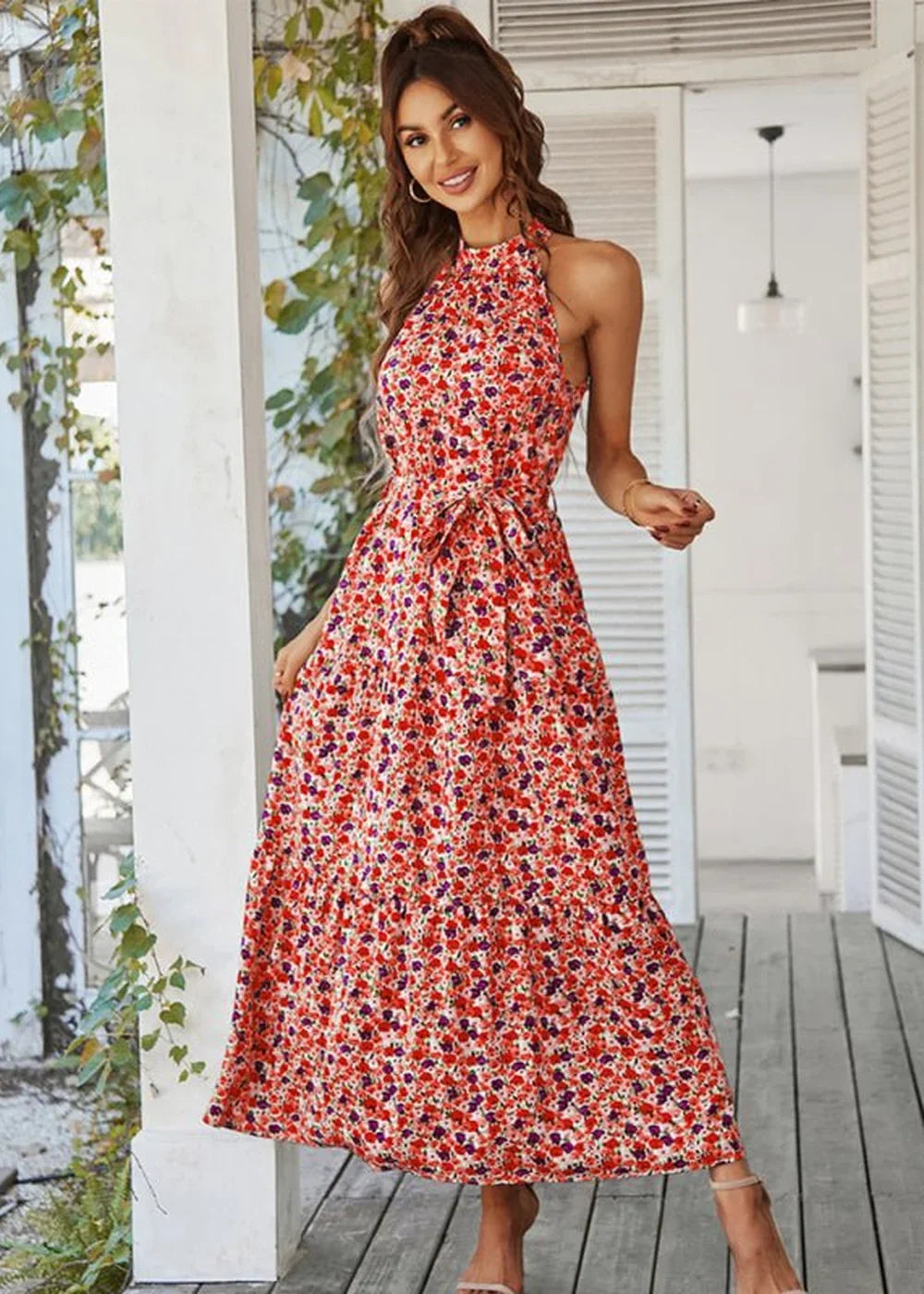 Pink floral print tiered resort dress