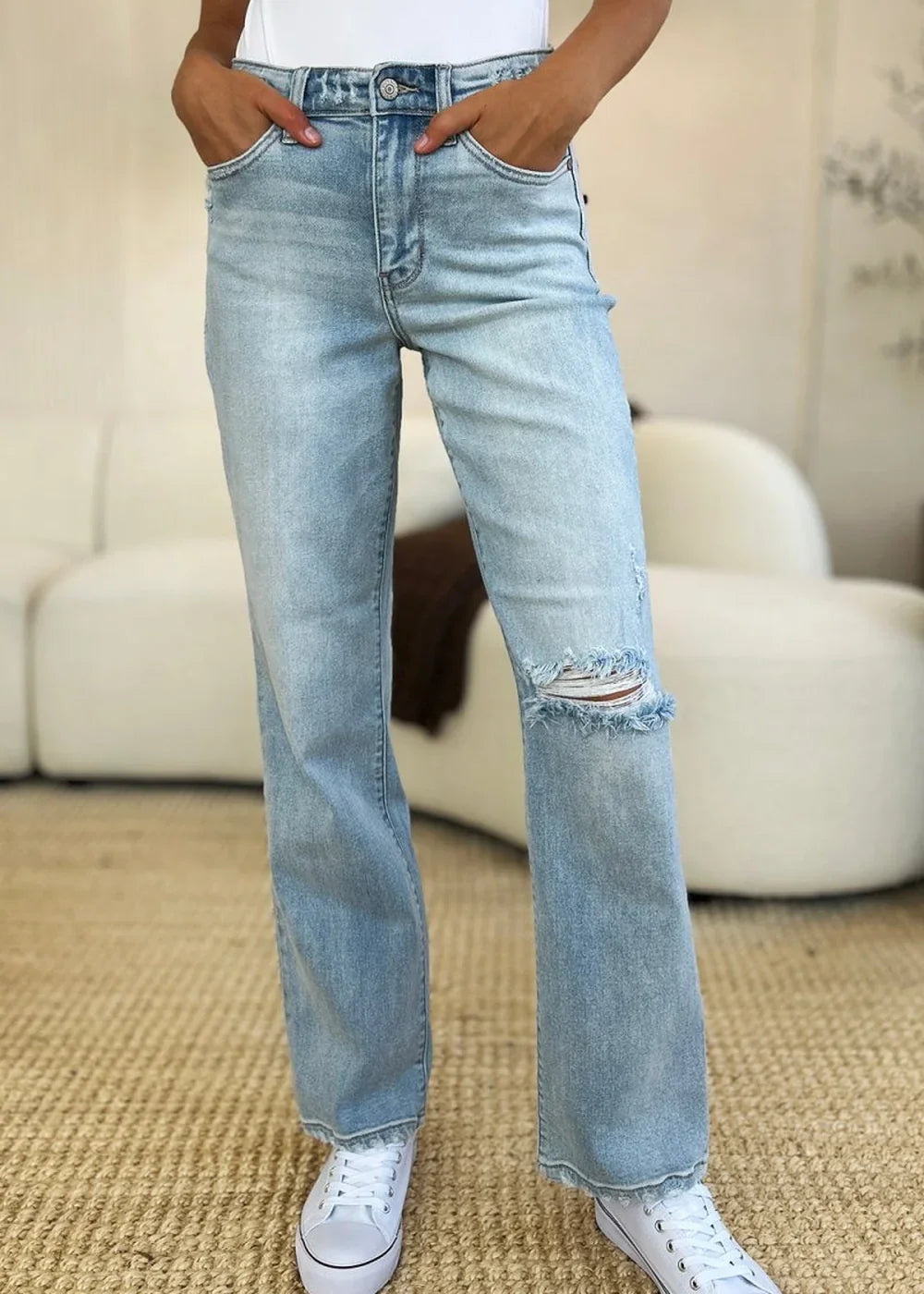 Light wash high waist distressed straight jeans