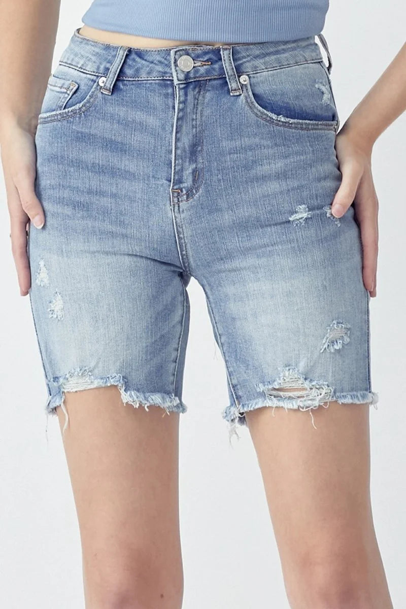 Light wash high rise distressed denim shorts