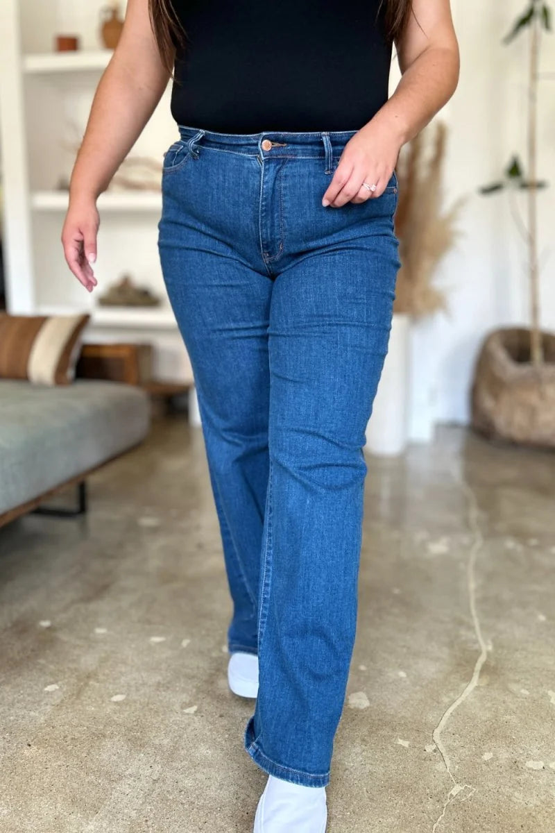 Medium wash high rise straight leg jeans