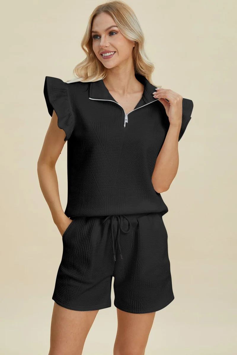 Black flounce sleeve top and shorts set