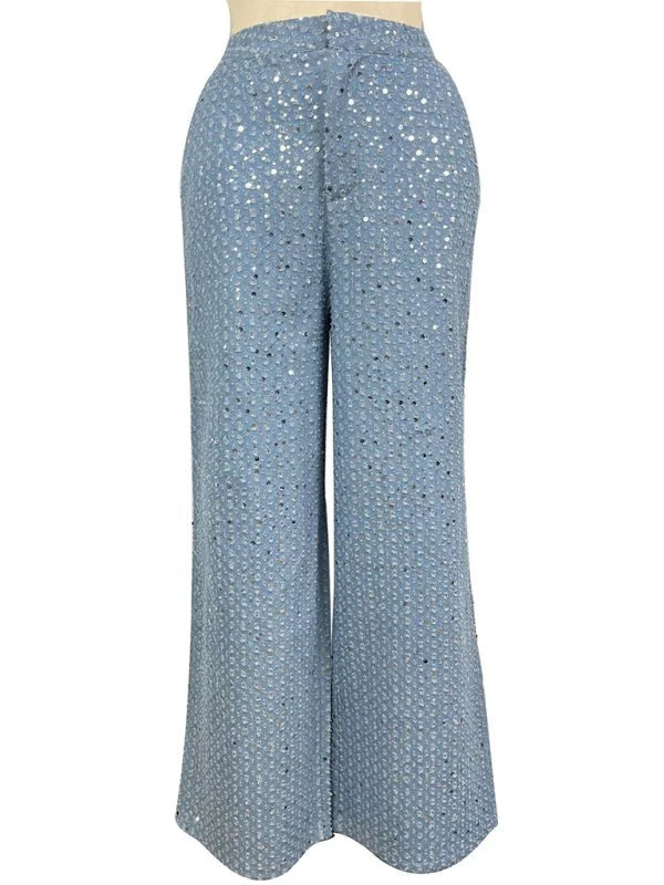 Blue sequined straight leg pants