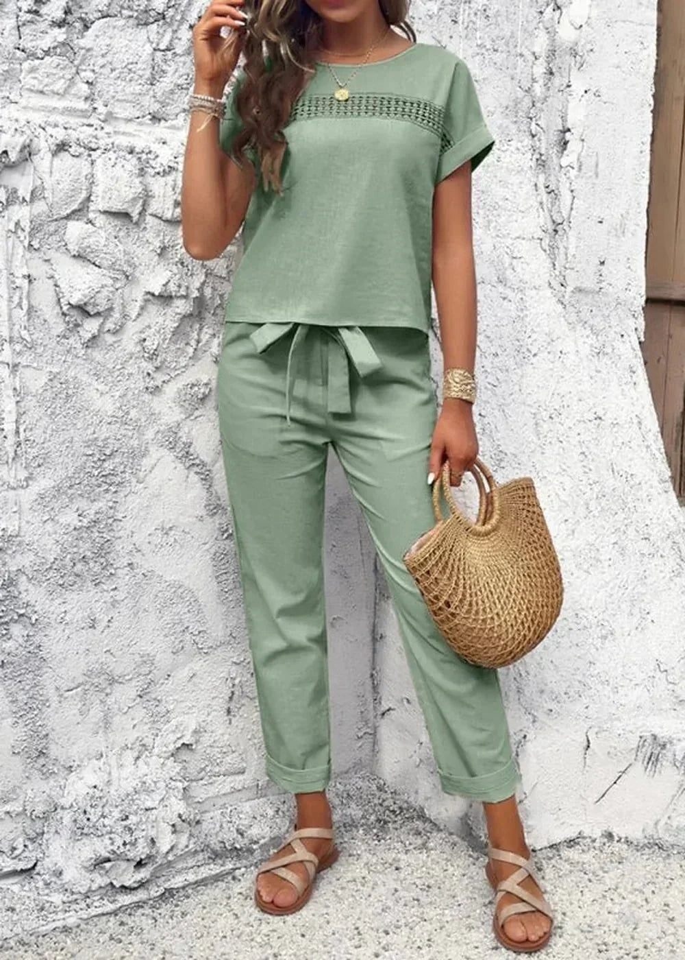 Pea green grey casual short sleeve top and trousers suit
