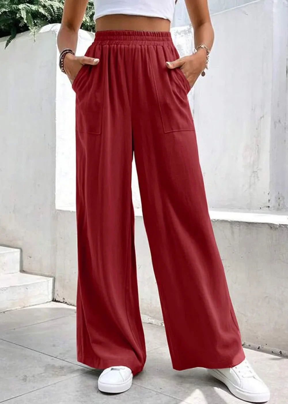 Wine Red women's mid-waist straight leg casual trousers