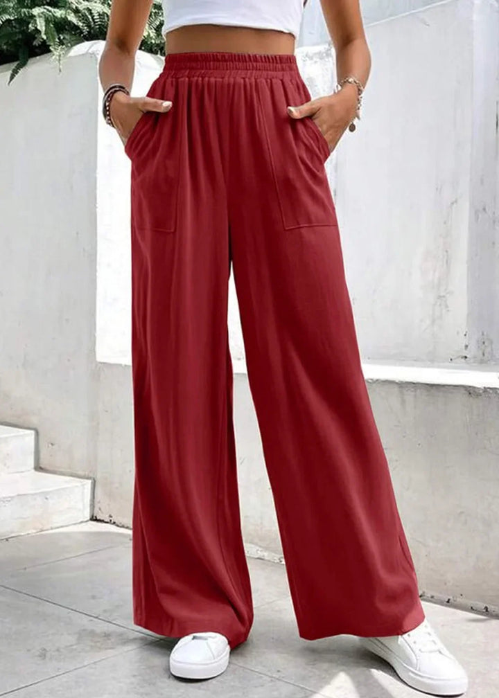 Wine Red women's mid-waist straight leg casual trousers