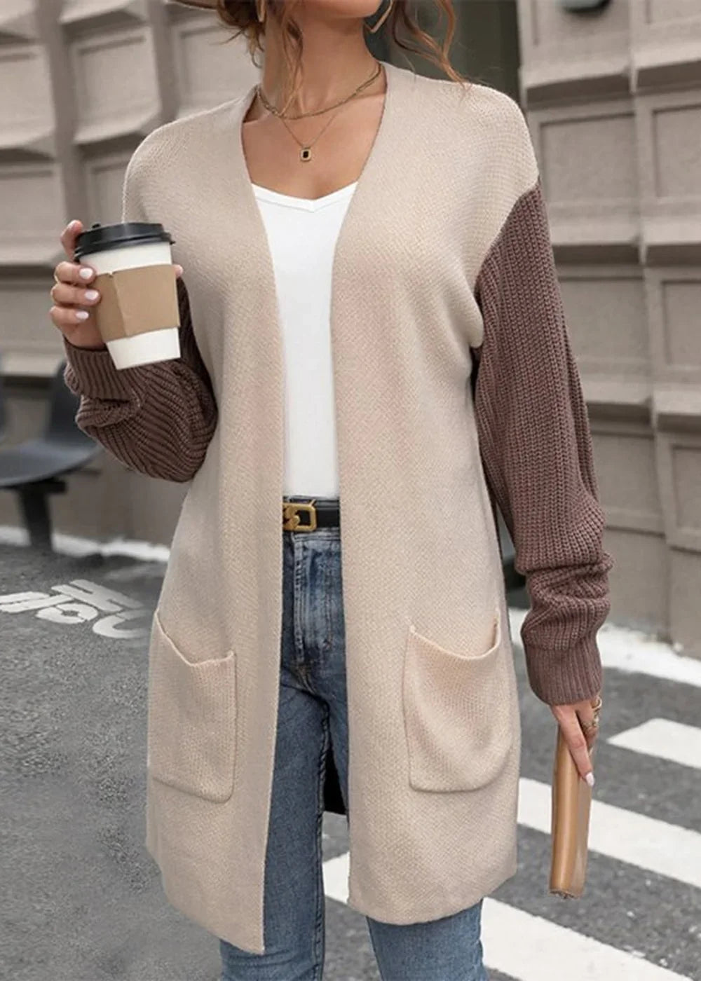 Khaki color block sweater jacket for women