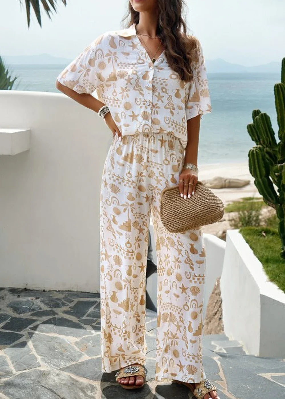 Cracker khaki printed short sleeve trousers two-piece suit