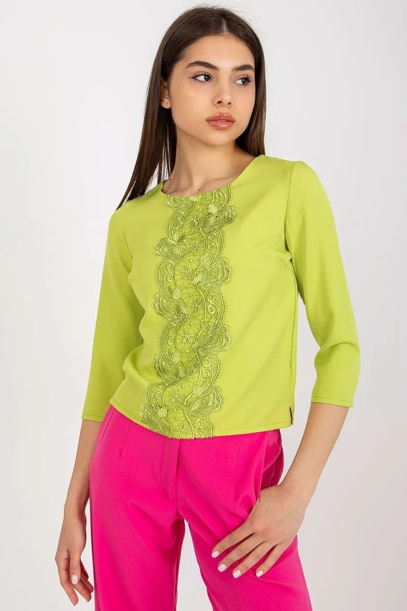 Green 3/4 sleeve blouse with lace detail