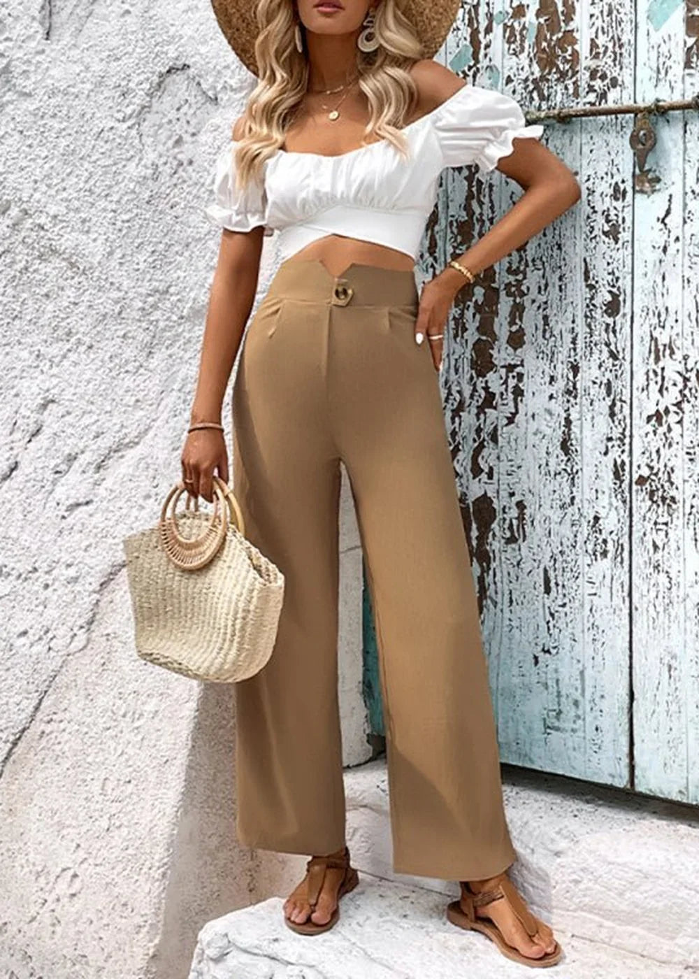 Khaki women's casual pants with tie belt