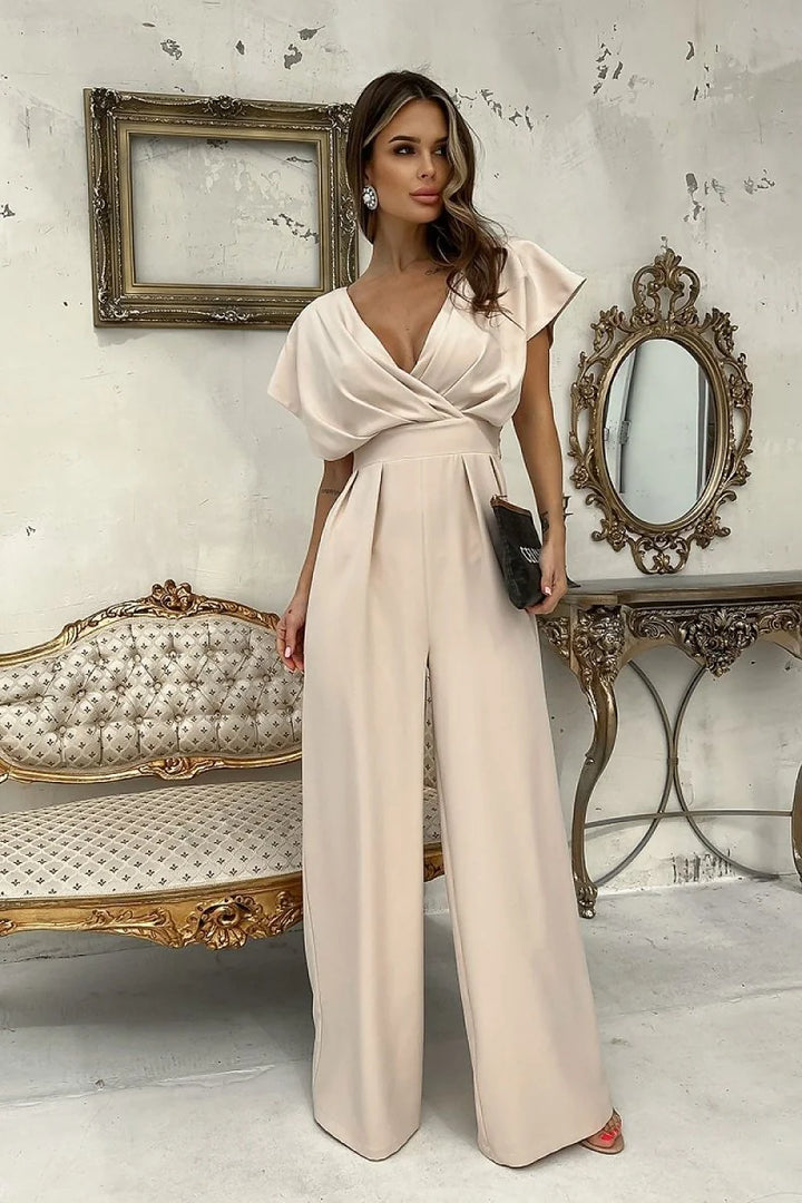 Beige wide leg jumpsuit with belt
