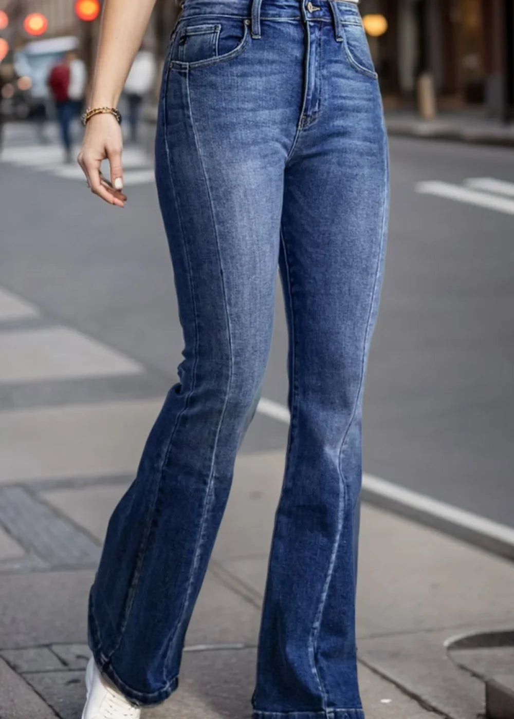 Medium wash plus size high waist flare jeans
