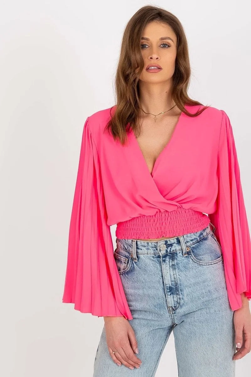 Pleated sleeve envelope neck blouse in pink