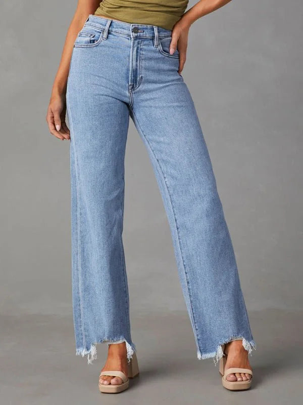 Blue straight leg jeans with tassel hem